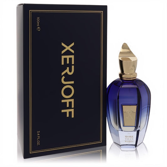 Xerjoff More Than Words 3.4 oz unisex EDP. Luxurious dark blue box and a captivating gradient blue bottle with a unique gold cap.