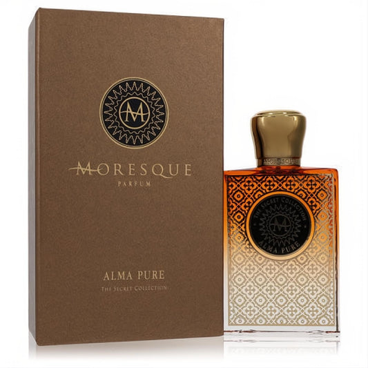 Moresque Alma Pure 2.5oz unisex Eau De Parfum. Elegant golden bottle with intricate patterns and a rich brown presentation box.