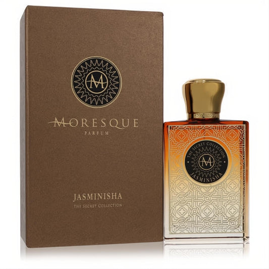 Moresque Jasminisha Secret Collection unisex EDP. Ornate amber-gold bottle with intricate gold pattern and luxurious brown box.