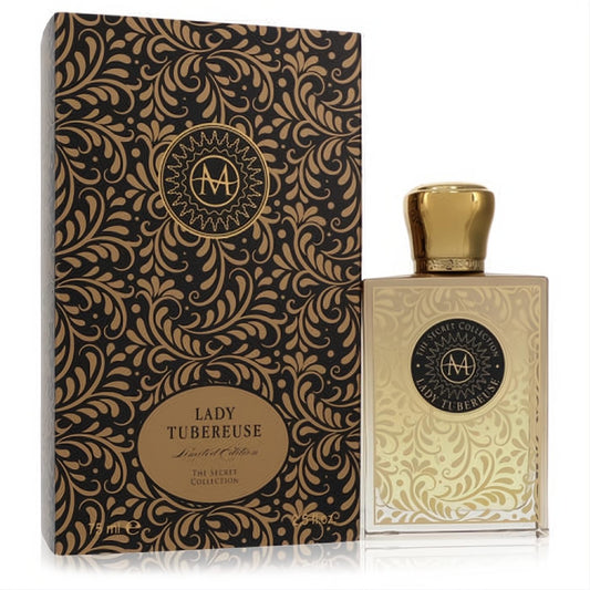 Stunning Moresque Lady Tubereuse 2.5 oz EDP. Ornate gold-capped glass bottle with rich liquid, next to a luxurious black and gold patterned box.