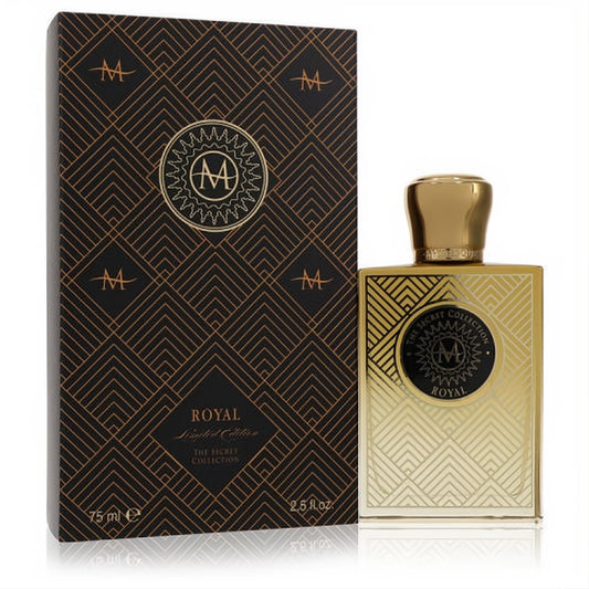 Moresque Royal Limited Edition 2.5 oz EDP. Elegant gold and black geometric bottle with matching box, featuring a regal 'M' emblem.