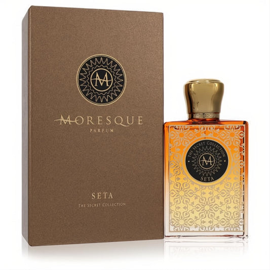Moresque Seta Secret Collection unisex EDP. Amber liquid in an ornate gold-patterned bottle with a luxurious gold cap and elegant brown box.
