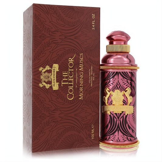 Luxurious Alexandre J Morning Muscs 3.4 oz perfume: ornate metallic pink bottle with gold accents, beside its elegant burgundy collector's box.