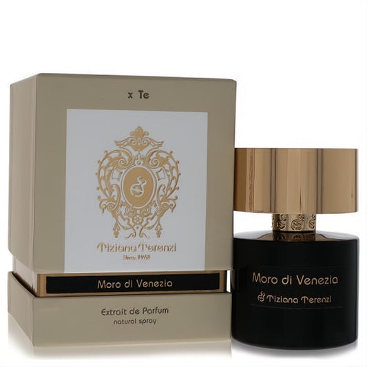 Tiziana Terenzi Moro Di Venezia 3.38 oz Extrait De Parfum: sleek black bottle, radiant gold cap, and sophisticated beige box.