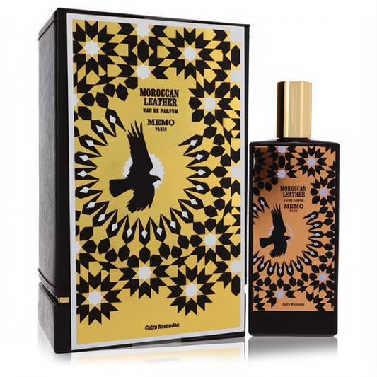 Moroccan Leather Memo 2.5 oz perfume: sleek black bottle, gold geometric pattern, majestic bird, and matching luxury box.