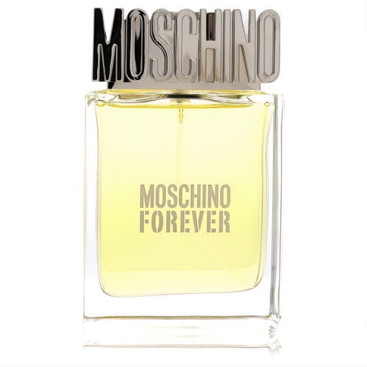 Moschino Forever men's Eau De Toilette. Clear glass bottle, striking silver Moschino logo cap, and warm yellow fragrance.