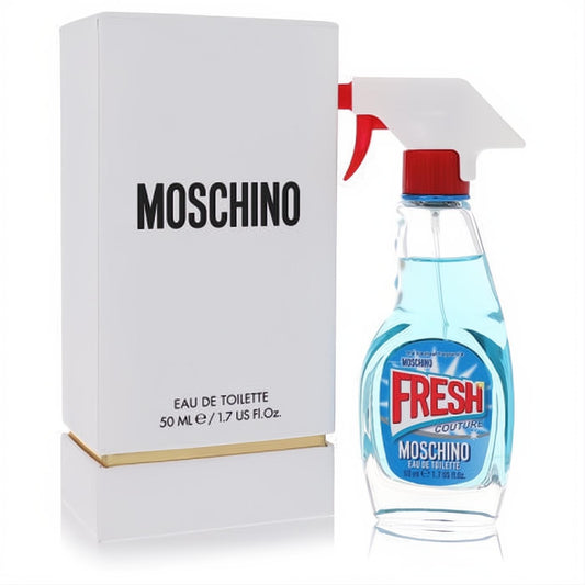 Moschino Fresh Couture 1.7 oz women's EDT. Iconic blue cleaner-style spray bottle with red trigger, next to its white and gold box.