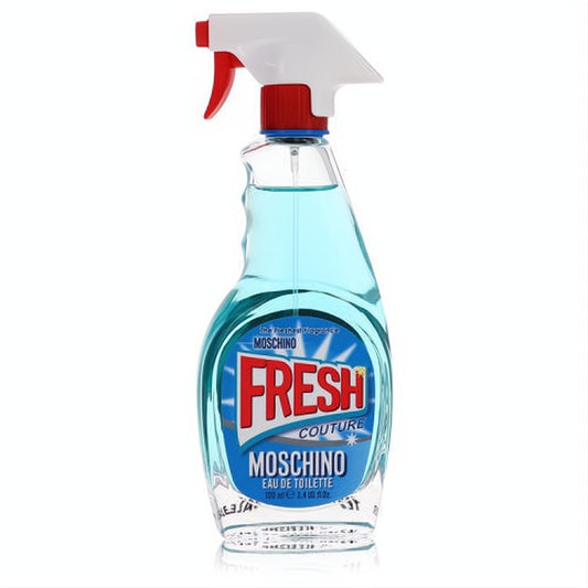 Moschino Fresh Couture 3.4 oz Eau De Toilette spray in a unique clear glass cleaner bottle with vibrant blue fragrance and red trigger.