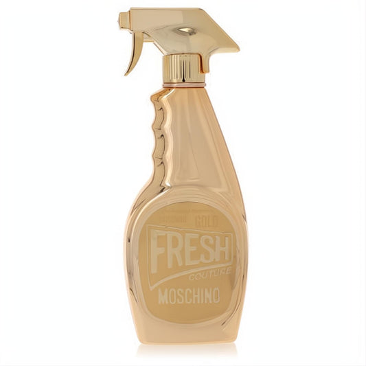 Moschino Fresh Gold Couture Eau De Parfum in a striking gold spray bottle, designed like a luxury cleaner.