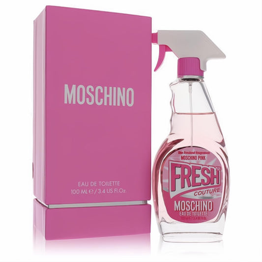 Moschino Pink Fresh Couture 3.4 oz women's EDT. Playful pink cleaner-style bottle and vibrant matching box.