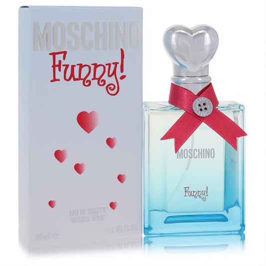 Moschino Funny 1.7 oz EDT. Fresh blue bottle, red ribbon, silver heart cap, and playful matching box.