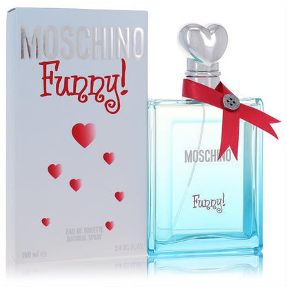 Charming Moschino Funny 3.4 oz EDT: vibrant light blue bottle with a silver heart cap, red ribbon, and playful heart-adorned box.