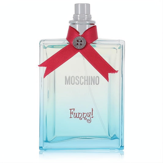 Moschino Funny 3.4 oz EDT tester. Clear to blue gradient bottle, iconic red ribbon with button, silver cap.