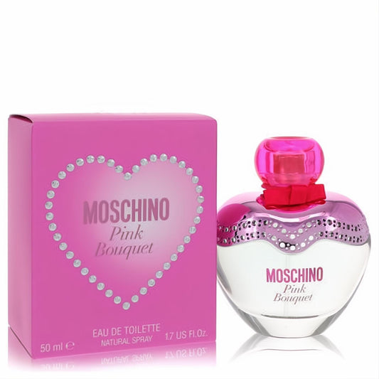 Moschino Pink Bouquet 1.7 oz EDT. Heart-shaped bottle, pink cap, sparkling accents, and a vibrant pink box with a rhinestone heart.