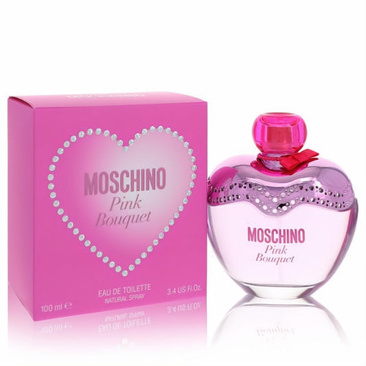 Moschino Pink Bouquet 3.4 oz EDT. Elegant heart-shaped bottle with sparkling pink liquid, studded detail, and a vibrant pink gift box.