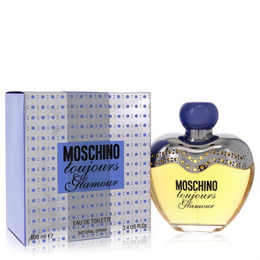 Moschino Toujours Glamour 3.4 oz EDT spray. Iconic heart-shaped bottle with shimmering silver accents, blue cap, and elegant box.