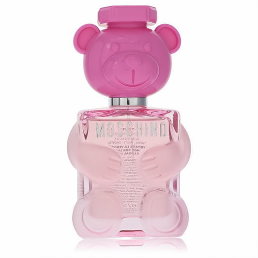 Charming Moschino Toy 2 Bubble Gum 3.3 oz EDT spray in a unique pink teddy bear glass bottle with a vibrant pink cap.