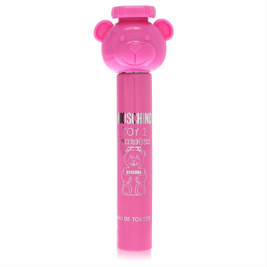 Vibrant pink Moschino Toy 2 Bubble Gum mini EDT spray, featuring a playful teddy bear cap and iconic branding.
