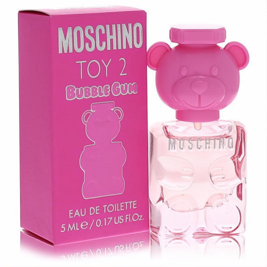 Playful Moschino Toy 2 Bubble Gum mini EDT in an iconic clear glass teddy bear bottle with a vibrant pink cap and box.