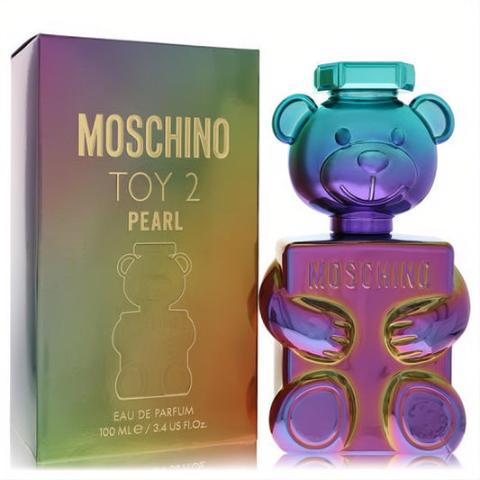 Moschino Toy 2 Pearl 3.4 oz EDP in a captivating pearlescent teddy bear bottle with a vibrant iridescent box.