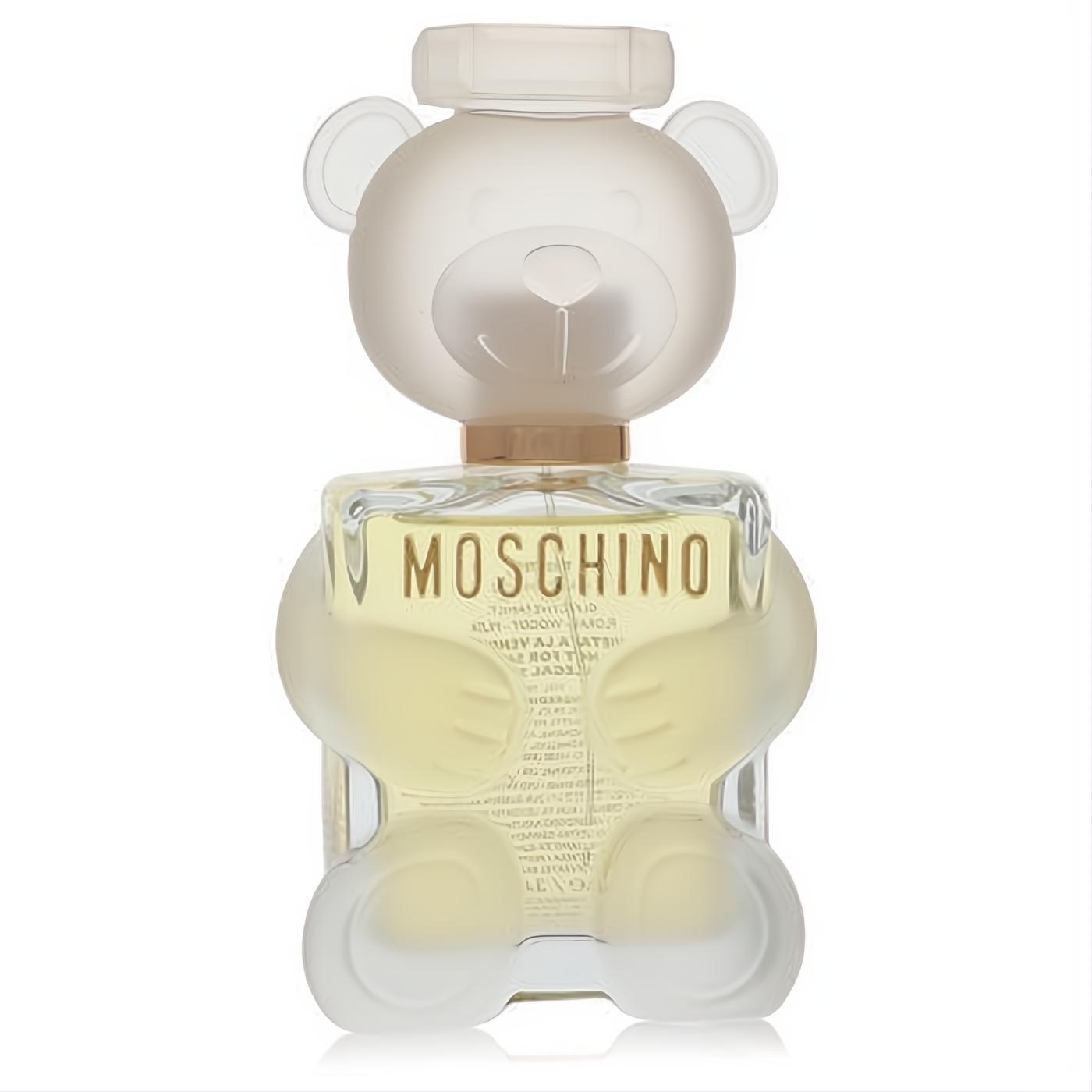Playful Moschino Toy 2 3.4 oz women's EDP in an iconic frosted glass teddy bear bottle with clear liquid and gold logo.