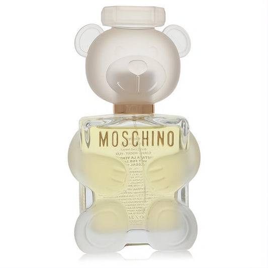 Playful Moschino Toy 2 3.4 oz women's EDP in an iconic frosted glass teddy bear bottle with clear liquid and gold logo.