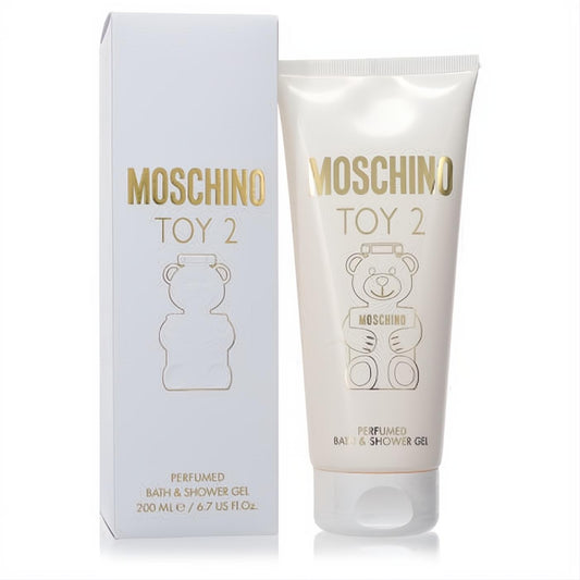 Moschino Toy 2 Perfumed Bath & Shower Gel 6.7 oz. Elegant white tube and box with signature gold teddy bear design.