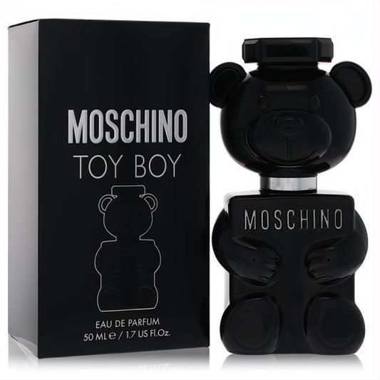 Moschino Toy Boy 1.7 oz men's cologne. Bold black teddy bear bottle and sleek matching box.