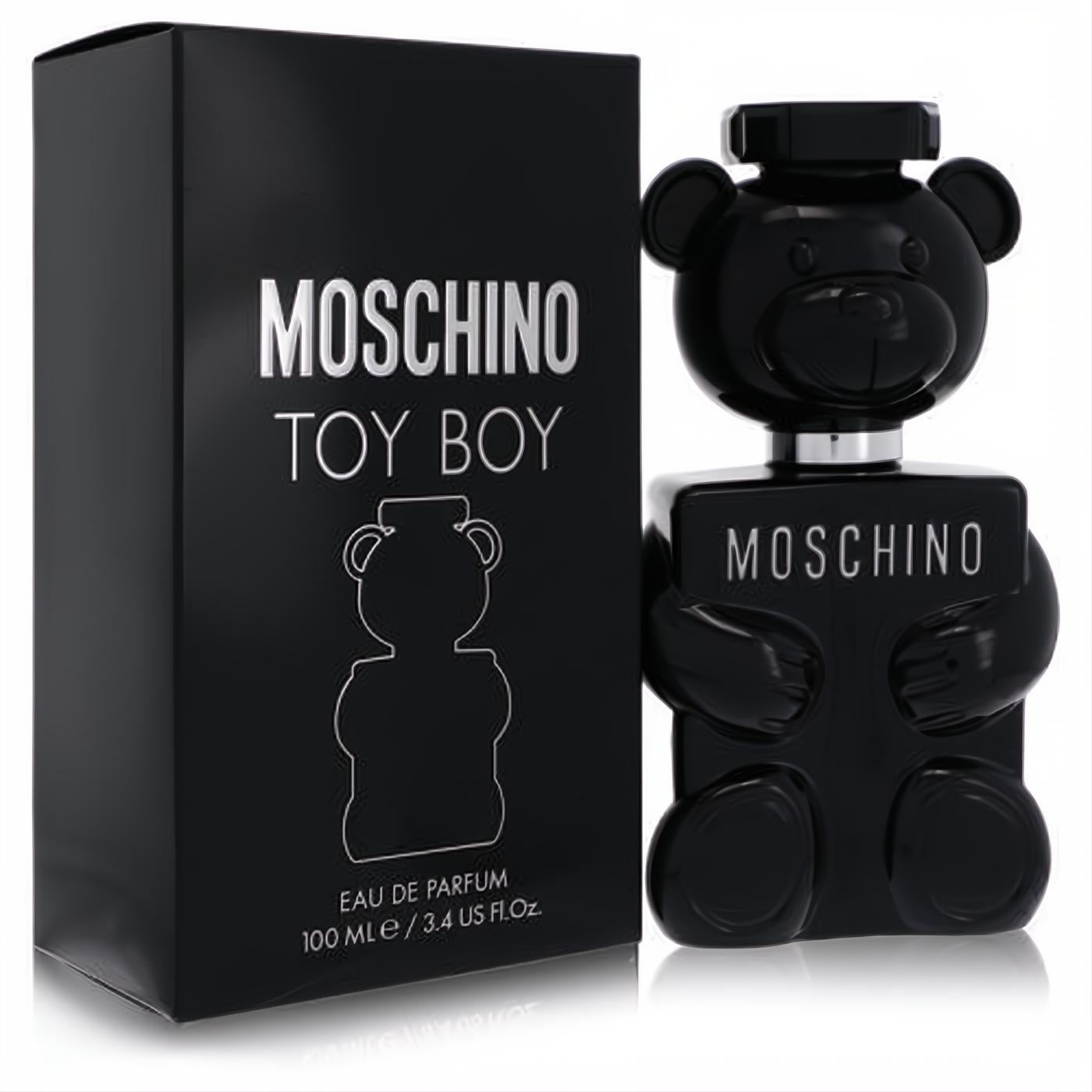 Distinctive Moschino Toy Boy 3.4 oz black teddy bear Eau de Parfum bottle with silver accents and elegant matching box.