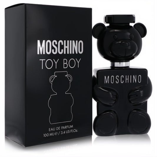 Distinctive Moschino Toy Boy 3.4 oz black teddy bear Eau de Parfum bottle with silver accents and elegant matching box.