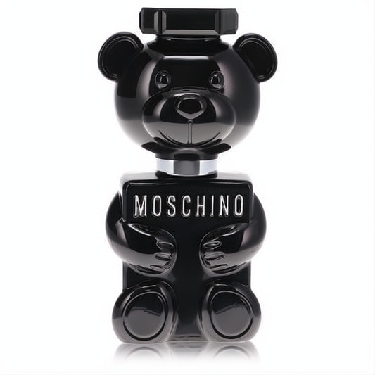 Iconic Moschino Toy Boy men's EDP spray in a glossy black teddy bear bottle with prominent silver branding.