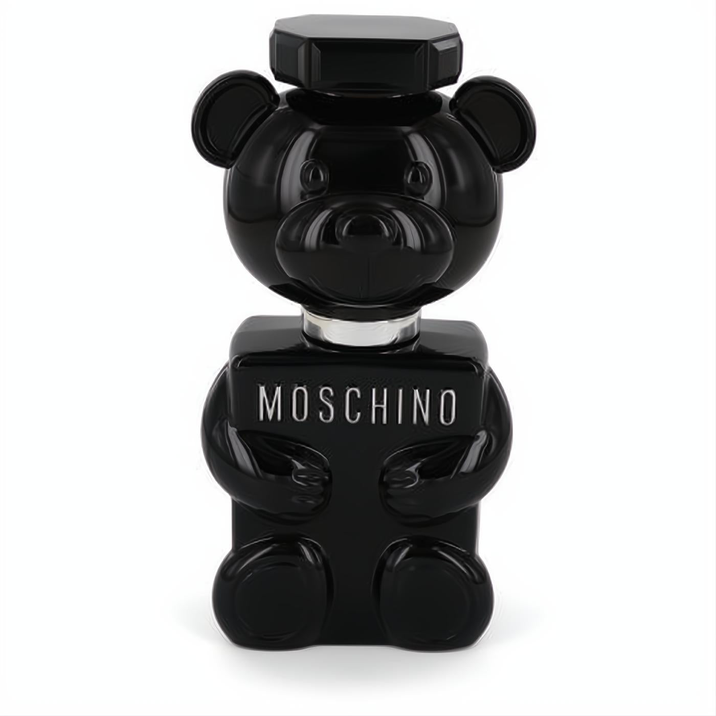 Iconic Moschino Toy Boy black teddy bear Eau De Parfum bottle for men, featuring a glossy finish and silver logo.