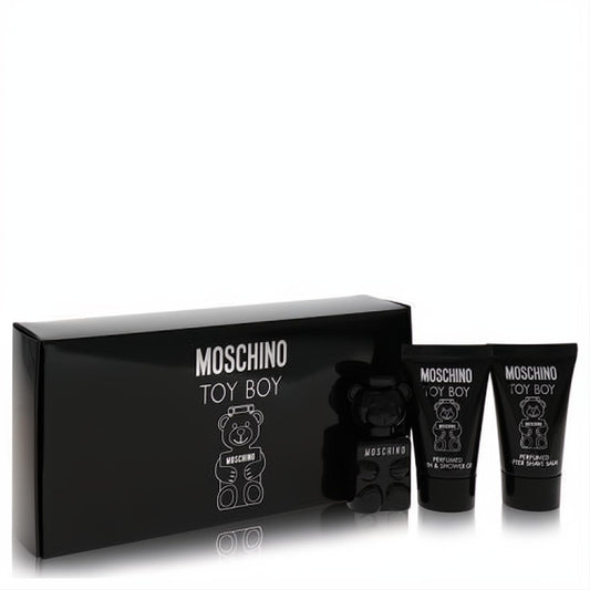 Moschino Toy Boy men's mini gift set: sleek black box, iconic teddy bear EDP, shower gel, and after shave balm.
