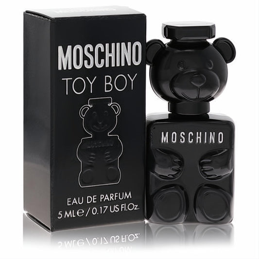 Experience Moschino Toy Boy .17 oz mini EDP. Bold black teddy bear bottle and sleek matching box.