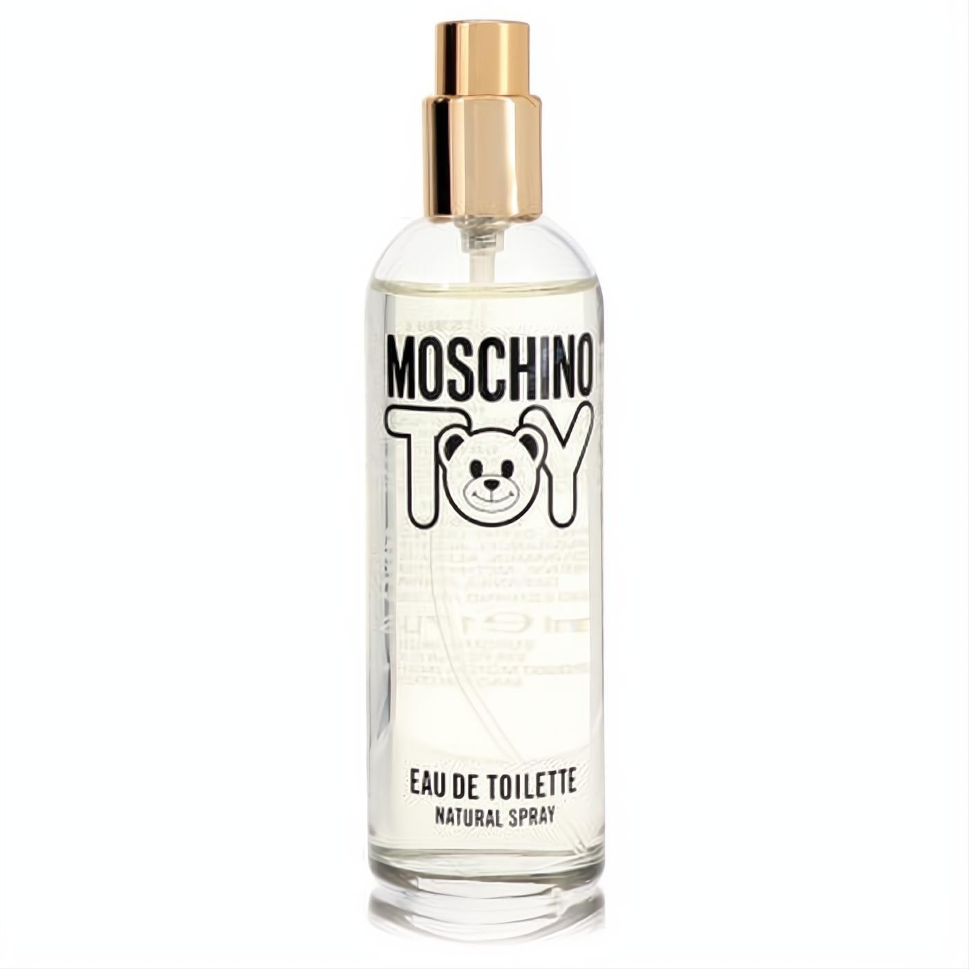Moschino Toy women's 1.7 oz EDT tester. Clear glass bottle, sleek gold spray cap, and playful teddy bear logo.
