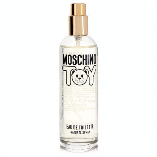 Moschino Toy women's 1.7 oz EDT tester. Clear glass bottle, sleek gold spray cap, and playful teddy bear logo.