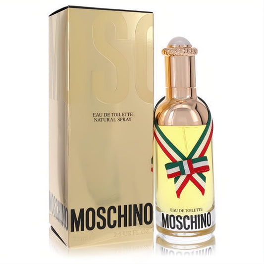 Luxurious Moschino 2.5 oz Eau De Toilette spray. Clear bottle with gold cap, vibrant red, green, white ribbon, next to its shimmering gold box.