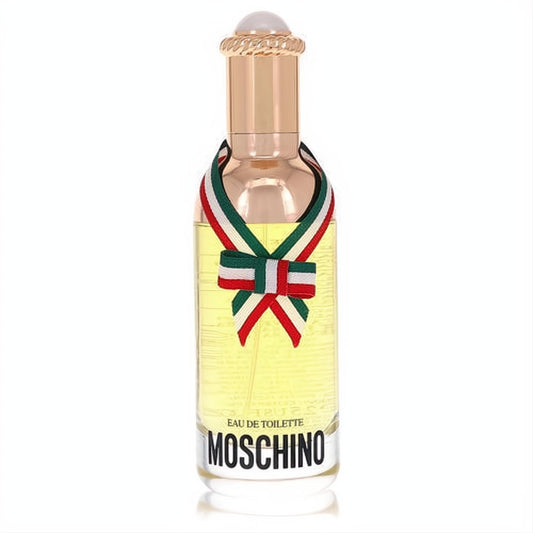 Moschino Eau De Toilette 2.5 oz tester in a clear glass bottle, gold cap, pearl stopper, and a chic green, white, red ribbon bow.