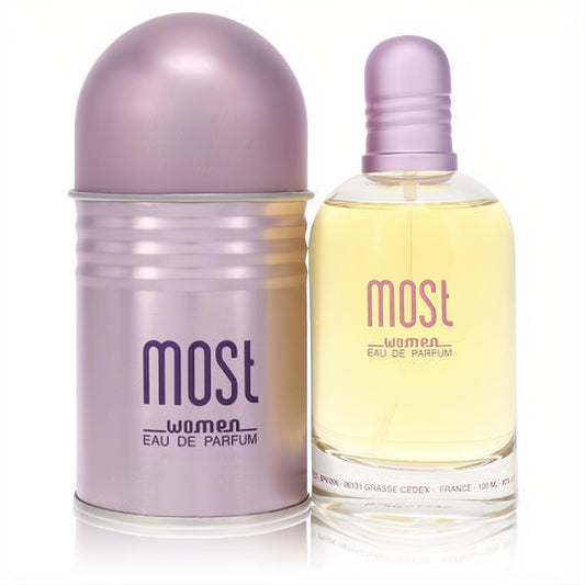 Jeanne Arthes Most Women's Eau De Parfum 3.3 oz. Golden fragrance in a clear bottle with purple cap, plus a stylish lavender ribbed tin.