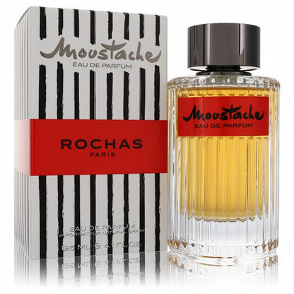 Moustache by Rochas 4.1 oz men's EDP. Distinctive clear ribbed glass bottle with amber fragrance, bold red label, and striking striped box.