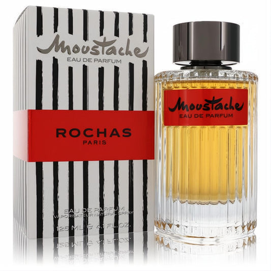 Moustache by Rochas 4.1 oz men's EDP. Distinctive clear ribbed glass bottle with amber fragrance, bold red label, and striking striped box.