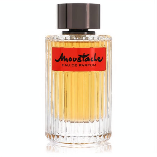 Moustache by Rochas Eau de Parfum for men. Sophisticated fluted glass bottle, rich golden liquid, iconic red label, sleek dark cap.