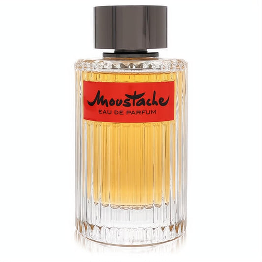 Elegant Moustache by Rochas Eau De Parfum 4.1 oz for men. Clear ribbed glass bottle, amber liquid, bold red label, sleek dark cap.