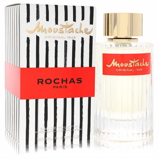 Moustache by Rochas men's 4.1 oz EDT. Clear ribbed glass bottle, gold cap, bold red label. Striking striped box.