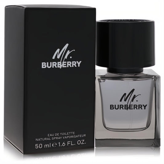Mr. Burberry 1.6 oz Eau de Toilette spray. Iconic clear glass bottle with black cap and bold logo, presented with its sleek black box.