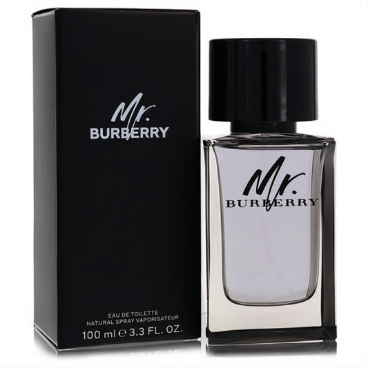 Sophisticated Mr. Burberry men's Eau De Toilette 3.3 oz fragrance. Clear glass bottle, black cap, and elegant black box.