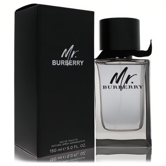 Mr. Burberry 5 oz Eau de Toilette. Elegant clear glass bottle with black cap, bow-tie ribbon, and sleek black box.