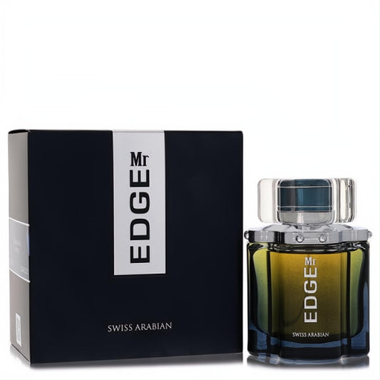 Swiss Arabian Mr Edge 3.4 oz men's EDP. Sleek bottle with amber-green liquid, clear cap, and dark blue box.