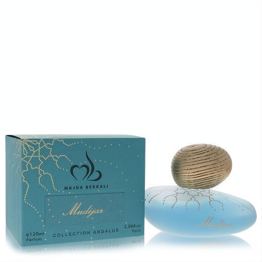 Majda Bekkali Mudejar 3.96 oz unisex perfume. Teal frosted glass bottle with unique gold cap and intricate design, beside its elegant box.