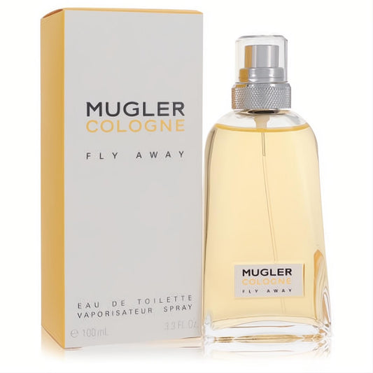 Mugler Fly Away 3.3 oz unisex Eau De Toilette spray. Clear glass bottle with light yellow liquid, silver cap, and its crisp white & yellow box.